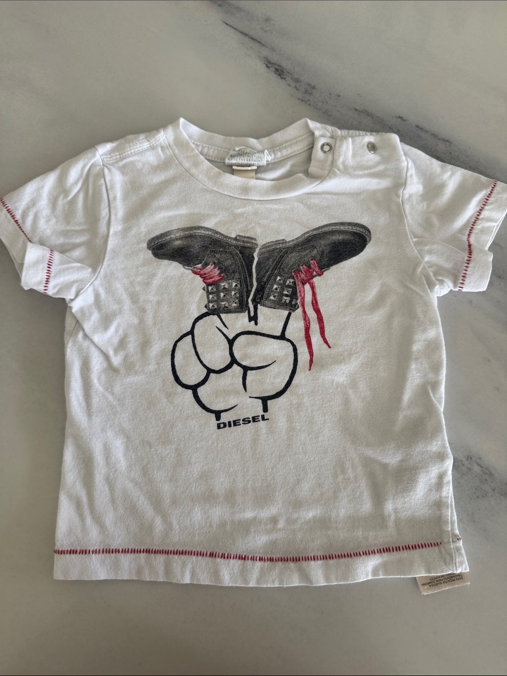 DIESEL White Tee with Black Boot Graphic and Red Laces - size 12 months